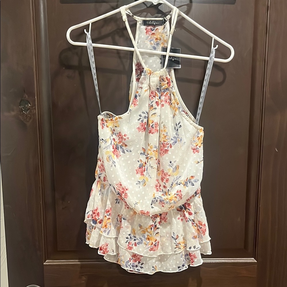 BKE Floral Print Top with Ruffle Detail